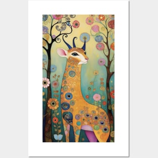 Gustav Klimt's Enchanted Stag: Inspired Deer Illustration Posters and Art